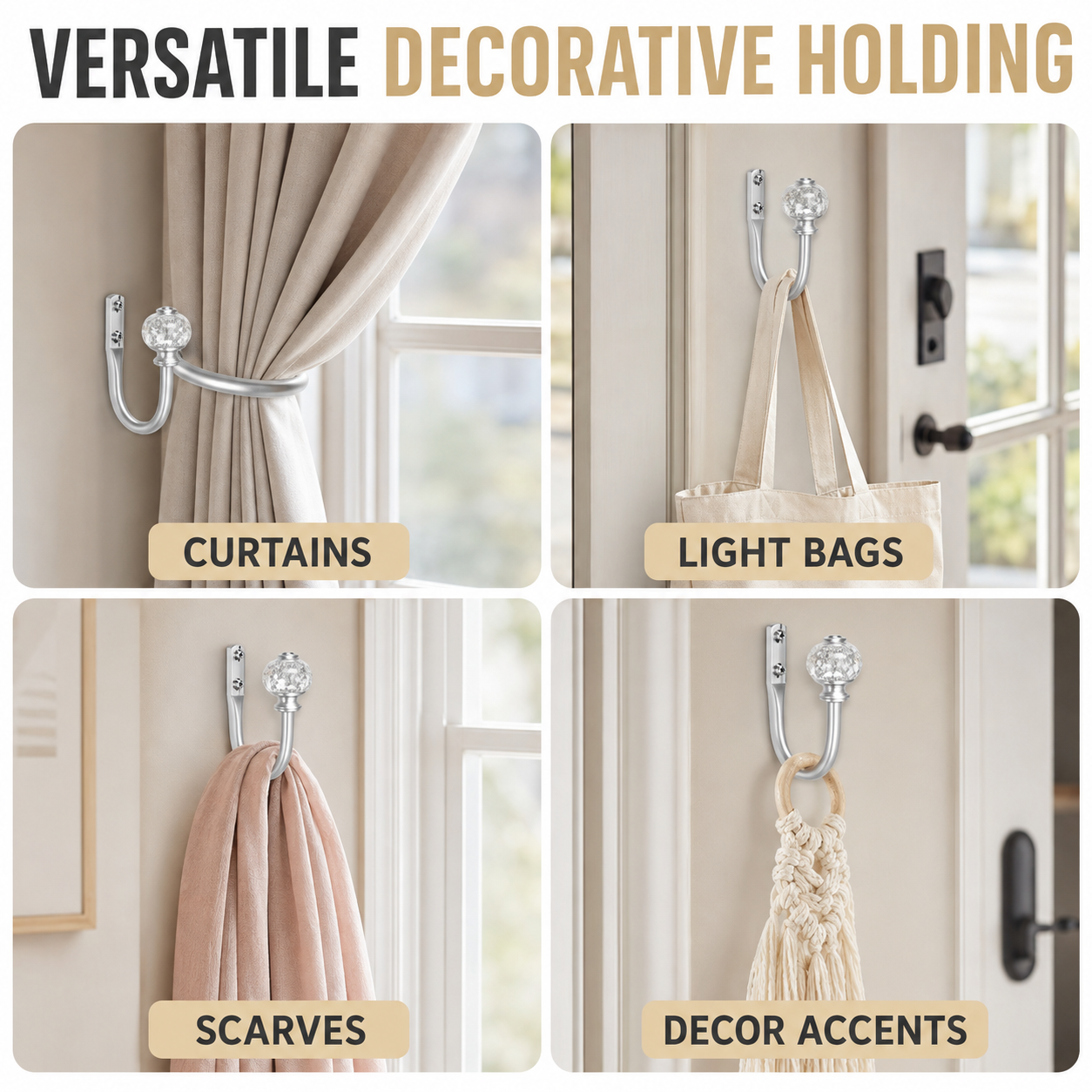 Set of 2 Silver Crystal Curtain Holdback Hooks for Wall Mounting