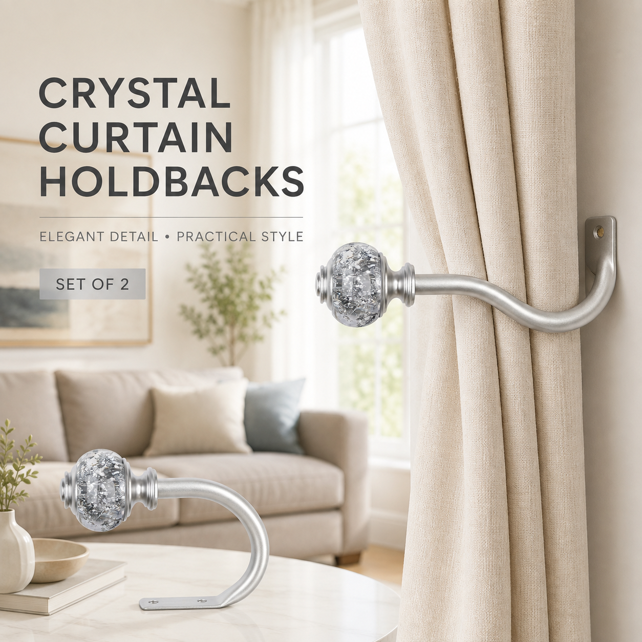 Set of 2 Silver Crystal Curtain Holdback Hooks for Wall Mounting