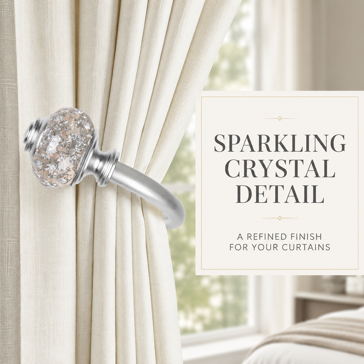 Set of 2 Silver Crystal Curtain Holdback Hooks for Wall Mounting