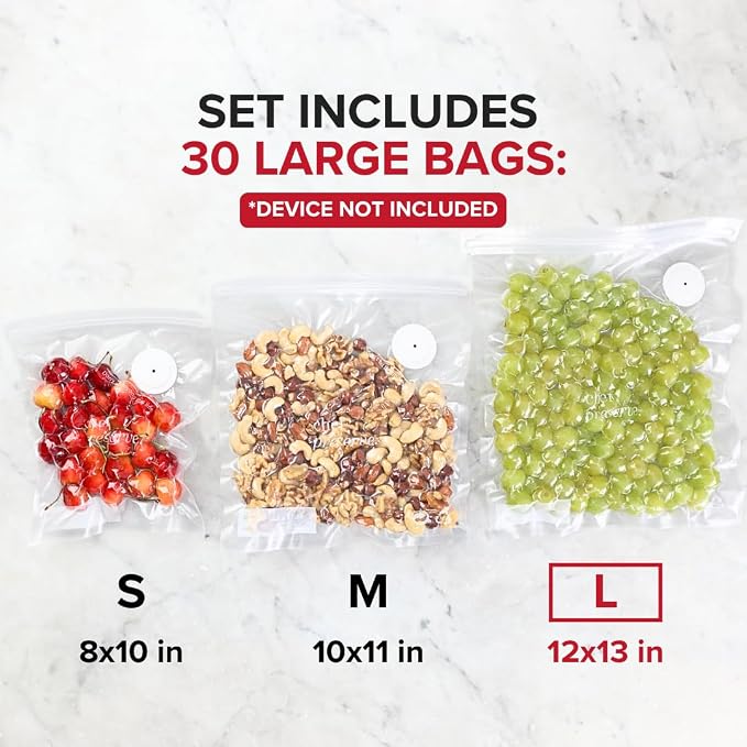 30-Pack Reusable Vacuum Food Bags (12x13") - BPA-Free, Leak-Proof, Freezer Safe